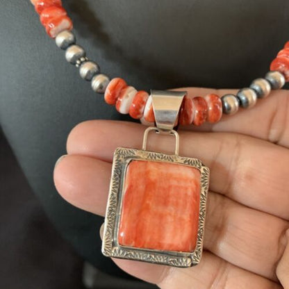 Navajo Pearls Necklace with Red Spiny Oyster Pendant | Sterling Silver | Authentic Native American Handmade | 11324