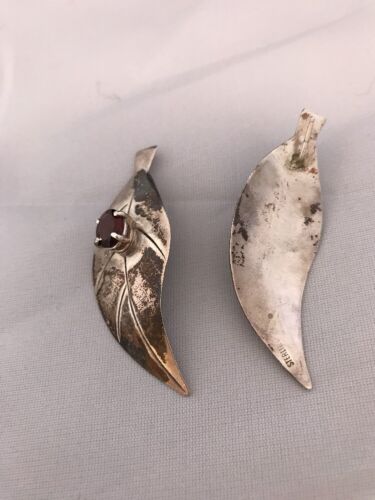 Handmade Feather Garnet Earrings | Old Pawn Sterling Silver | 2" | 13064