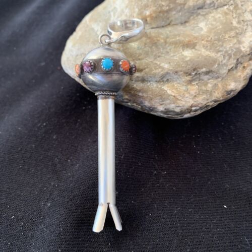 Navajo Blue Turquoise Multi-Color Naja Pendant | Sterling Silver | Authentic Native American Handmade | 01156
