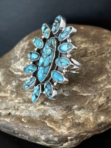Navajo Blue Turquoise Cluster Ring | Authentic Native American Sterling Silver | Multi-Stone | Sz 6.5 | 14227