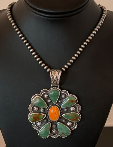 Navajo Spiny Oyster & Turquoise Cluster Pendant Necklace | Authentic Native American Sterling Silver | Multi-Stone | 01118