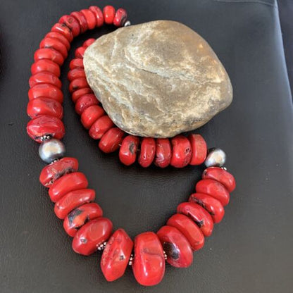 Navajo Red Coral Bead Necklace | Sterling Silver | Graduated 21" | Authentic Native American Jewelry | 13160
