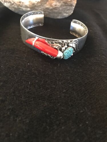 Navajo Spider Web Turquoise Coral Bracelet | Sterling Silver | Authentic Native American Handmade | 11716