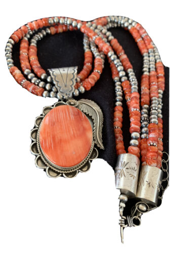 Navajo Red Spiny Oyster Pendant Necklace | 3 Strand Sterling Silver | Native American Handmade | 1327