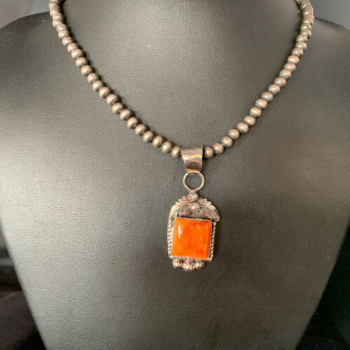 Navajo Orange Spiny Oyster Square Pendant Necklace | Sterling Silver | Authentic Native American Handmade | 13639
