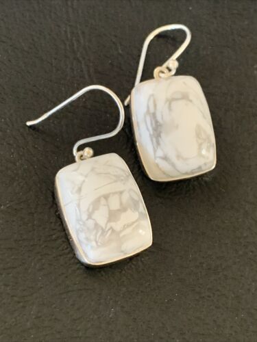 Navajo Sterling Silver White Howlite Black Dangle Rectangle Earrings | 0.75" | 12070
