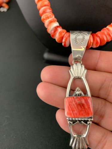 Navajo Red Spiny Oyster Pendant Necklace | Sterling Silver | Authentic Native American Handmade | 4782
