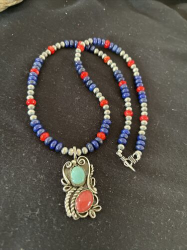 Navajo Pearls Sterling Silver Pendant Necklace | Lapis, Turquoise & Coral | Native American Handmade | 01176