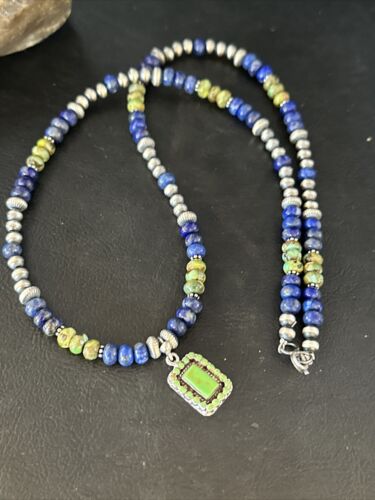 Navajo Green Turquoise and Lapis Pendant Necklace | Sterling Silver | Authentic Native American Handmade | 14634
