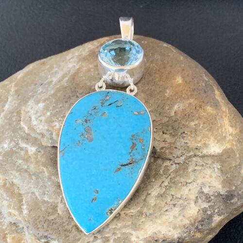 Southwestern Navajo Blue Topaz Turquoise Pendant | Sterling Silver | 3" | 10711
