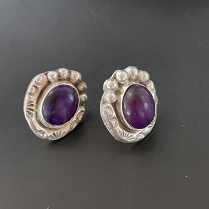 Navajo Sugilite Post Stud Earrings | Sterling Silver | Authentic Native American Handmade | 0.5" | 2068