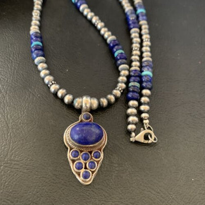 Men's Navajo Pearl Blue Lapis Turquoise Necklace | Sterling Silver | 21" | 12612 | Multi-Stone