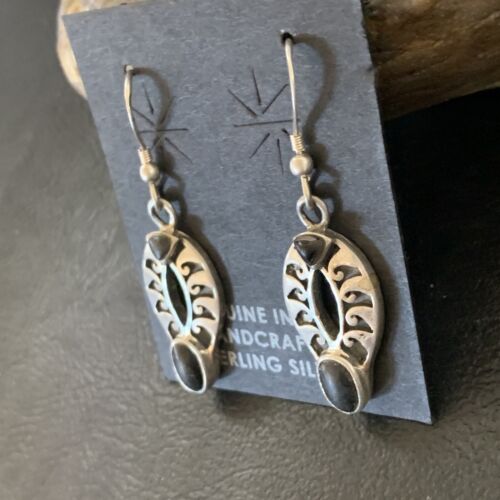 Navajo Black Onyx Dangle Earrings | Sterling Silver | Authentic Native American Handmade | 1" | 12651