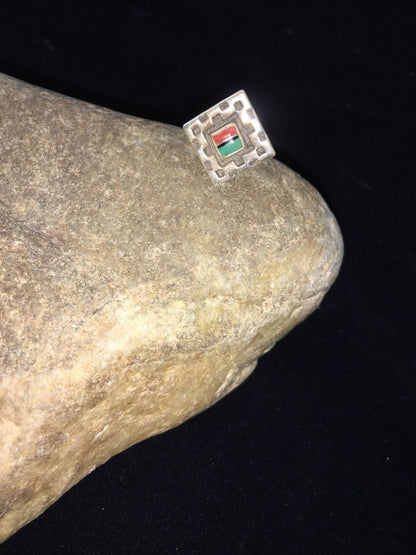 Navajo Women's Turquoise, Coral & Onyx Inlay Ring | Sterling Silver | Sz 5.5 | Authentic Native American Handmade | 01797