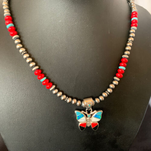 Opal Inlay Butterfly Pendant | Navajo Sterling Silver | Coral & Turquoise | 21" | 12582