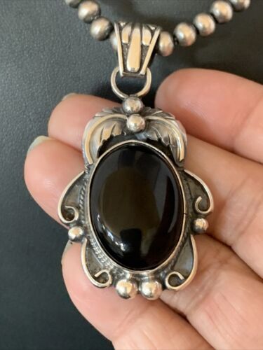 Native American Men's Navajo Pearls Necklace Pendant | Sterling Silver Black Onyx | 13091