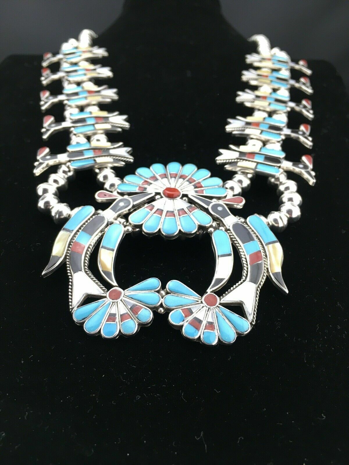 Zuni Peyote Bird Turquoise Squash Blossom Necklace Set | Sterling Silver | Native American Handmade | 1313