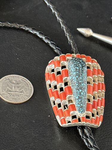 Ultra Rare Native American Men's Bolo Tie | Blue Kingman Turquoise & Coral | Sterling Silver | 14225