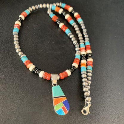 Navajo Blue Turquoise Inlay Pendant Necklace | Sterling Silver | Authentic Native American Handmade | 13865