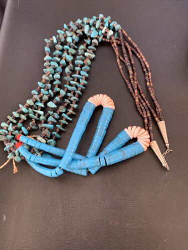 Native American Santo Domingo Spiny Blue Turquoise Shell Jacla Necklace | 3-Strand 27" | 12495