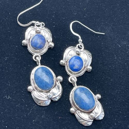 Southwestern Navajo Denim Lapis Dangle Earrings | Sterling Silver | 2" | 01796