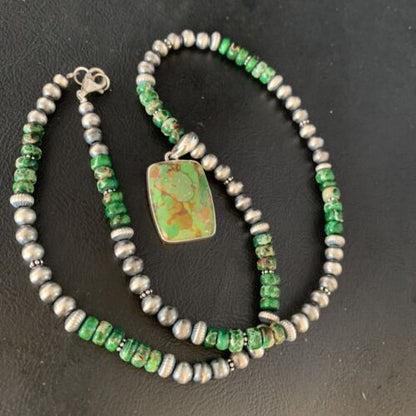 Navajo Pearls Green Mojave Turquoise Pendant Necklace | Sterling Silver | Native American Handmade | 13462
