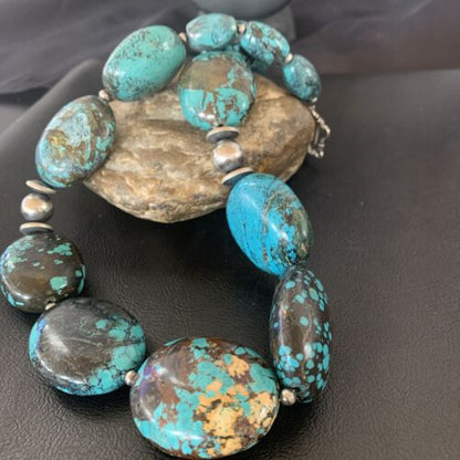 Chunky Navajo Pearl Graduated Turquoise Necklace | Sterling Silver | Authentic Native American Jewelry | 21" | 11903 - Masha USA