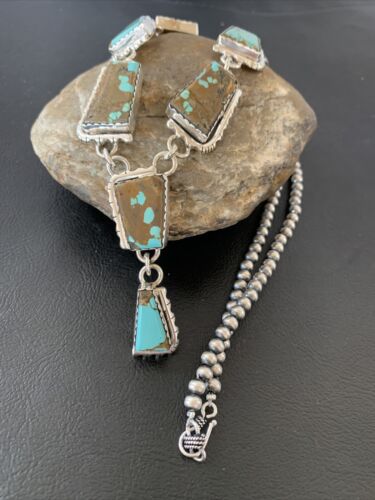 Navajo Handmade Turquoise Lariat Necklace | Long Sterling Silver Pendant | 02039