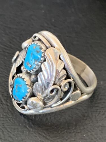Navajo Blue Kingman Turquoise Feather Ring | Authentic Native American Sterling Silver | Multi-Stone | Sz 11.5 | 12222