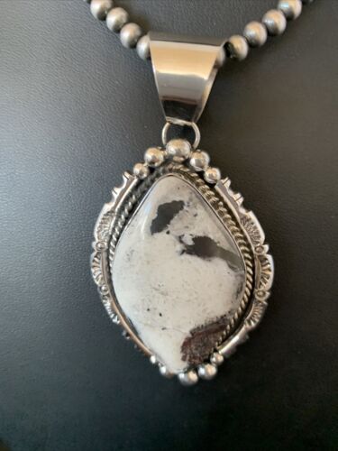 Navajo White Buffalo Turquoise Necklace Pendant | Sterling Silver | XL Men's | Authentic Native American Handmade | 11685