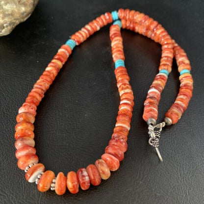 Navajo Turquoise & Red Spiny Oyster Graduated Necklace | Sterling Silver | Authentic Native American | 22" | 13516
