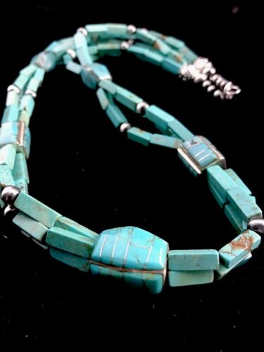 Navajo Blue Turquoise Sterling Silver Necklace | Inlay Pendant 24" | Native American Southwestern | 3360