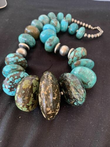 Men's Navajo Pearl Sterling Silver & Natural Blue Turquoise Graduated Necklace | Authentic Native American | 21"
