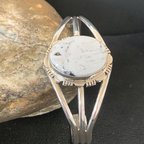 Navajo White Buffalo Turquoise Cuff Bracelet | Sterling Silver | Authentic Native American Handmade | 1389