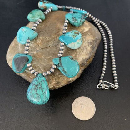 Southwestern Navajo Pearls Necklace | Sterling Silver | Blue Turquoise Teardrop | 13150
