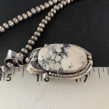 White Buffalo Turquoise Pendant Necklace | Sterling Silver | Navajo | Authentic Native American Handmade | 14052