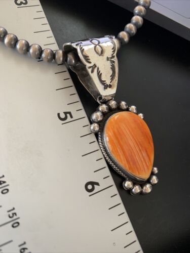 Navajo Orange Spiny Oyster Pendant Necklace | Sterling Silver | Authentic Native American Handmade | 13076