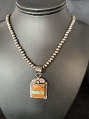 Men's Blue Boulder Turquoise Necklace Pendant | Sterling Silver | Navajo Handmade | 13767