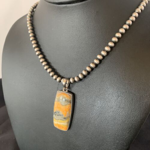 Navajo Bumblebee Jasper Pendant Necklace | Sterling Silver | Authentic Native American Handmade | 12726