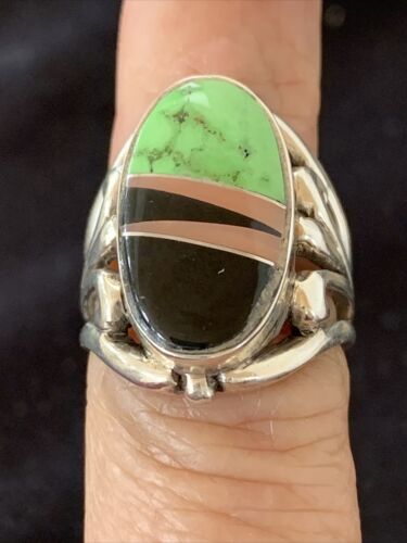 Native American Gaspeite, Onyx & Opal Inlay Ring | Sterling Silver | Sz 7 | 01488