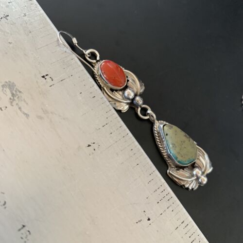 Navajo Green Royston Turquoise Red Coral Dangle Earrings | Sterling Silver | Authentic Native American Handmade | 2058