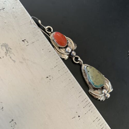 Navajo Green Royston Turquoise Red Coral Dangle Earrings | Sterling Silver | Authentic Native American Handmade | 2058