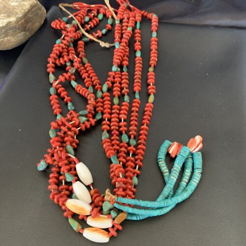 Southwestern Santo Domingo Red Coral Green Turquoise 5-Strand Jacla Necklace | 38" | Native American Handmade | 12052