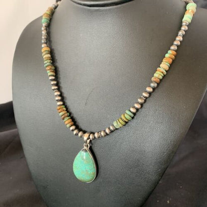Navajo Royston Bead Green Turquoise Necklace Pendant | Sterling Silver | Authentic Native American Handmade | 11920