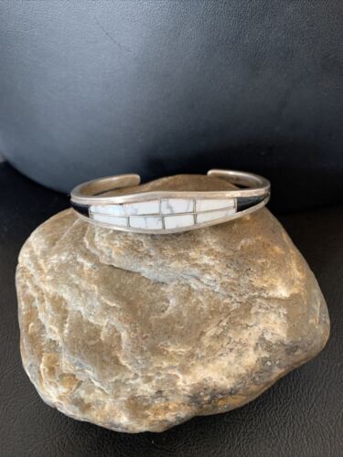 Men's Sterling Silver White Buffalo Turquoise Onyx Inlay Bracelet | Authentic Native American Handmade | 12101