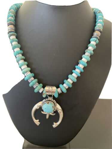 Navajo Kingman Turquoise Naja Pendant | Sterling Silver Howlite Necklace | Authentic Native American Handmade | 1388