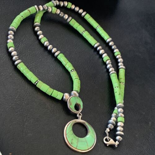 Navajo Green Gaspeite Turquoise Inlay Pendant | Sterling Silver | Authentic Native American Handmade | 12285