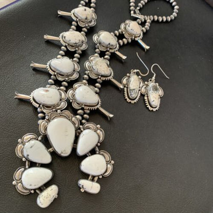 Navajo White Buffalo Turquoise Sterling Squash Blossom Necklace | Naja Pendant | 10957