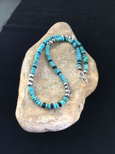 Native American Sterling Silver Necklace | Blue Turquoise & Onyx | 18" | 10027