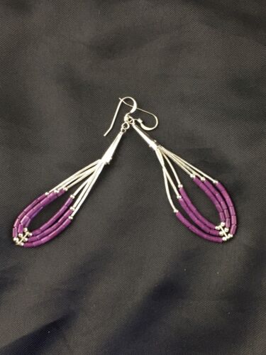 Handmade Liquid Silver Heishi Tube Beads Sugilite Earrings | Sterling Silver | 2" | 1985